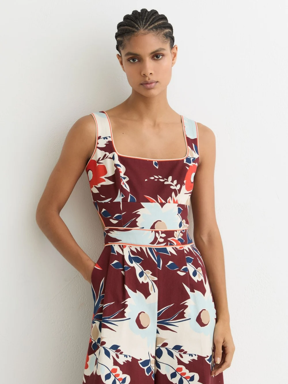 Reiss Burgundy Cotton Wide-leg Printed Jumpsuit, view 3