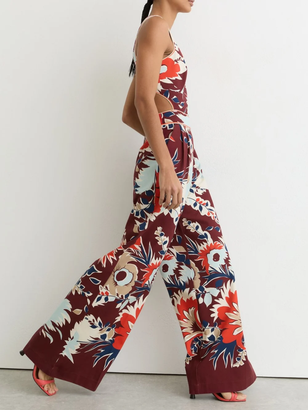 Reiss Burgundy Cotton Wide-leg Printed Jumpsuit, view 4