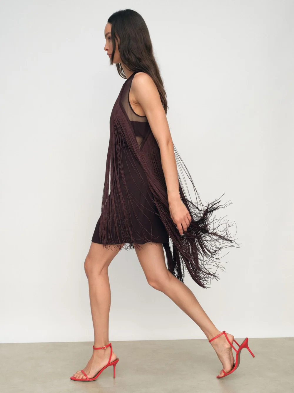 Reiss Burgundy Fringe Detail Sheer-Panel Mini Dress