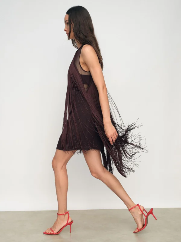 Reiss Burgundy Fringe Detail Sheer-Panel Mini Dress