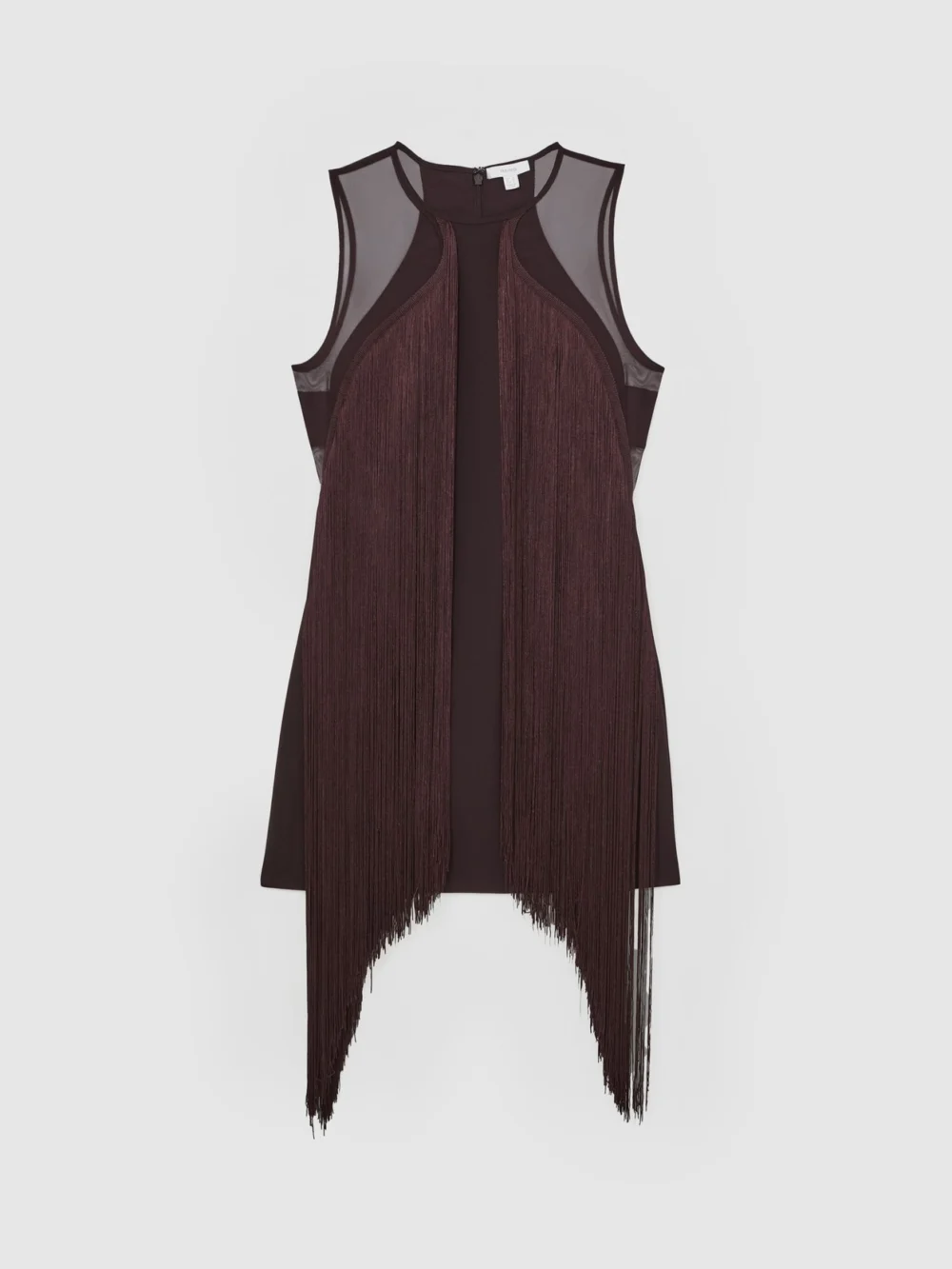 Reiss Burgundy Fringe Detail Sheer-Panel Mini Dress, view 2