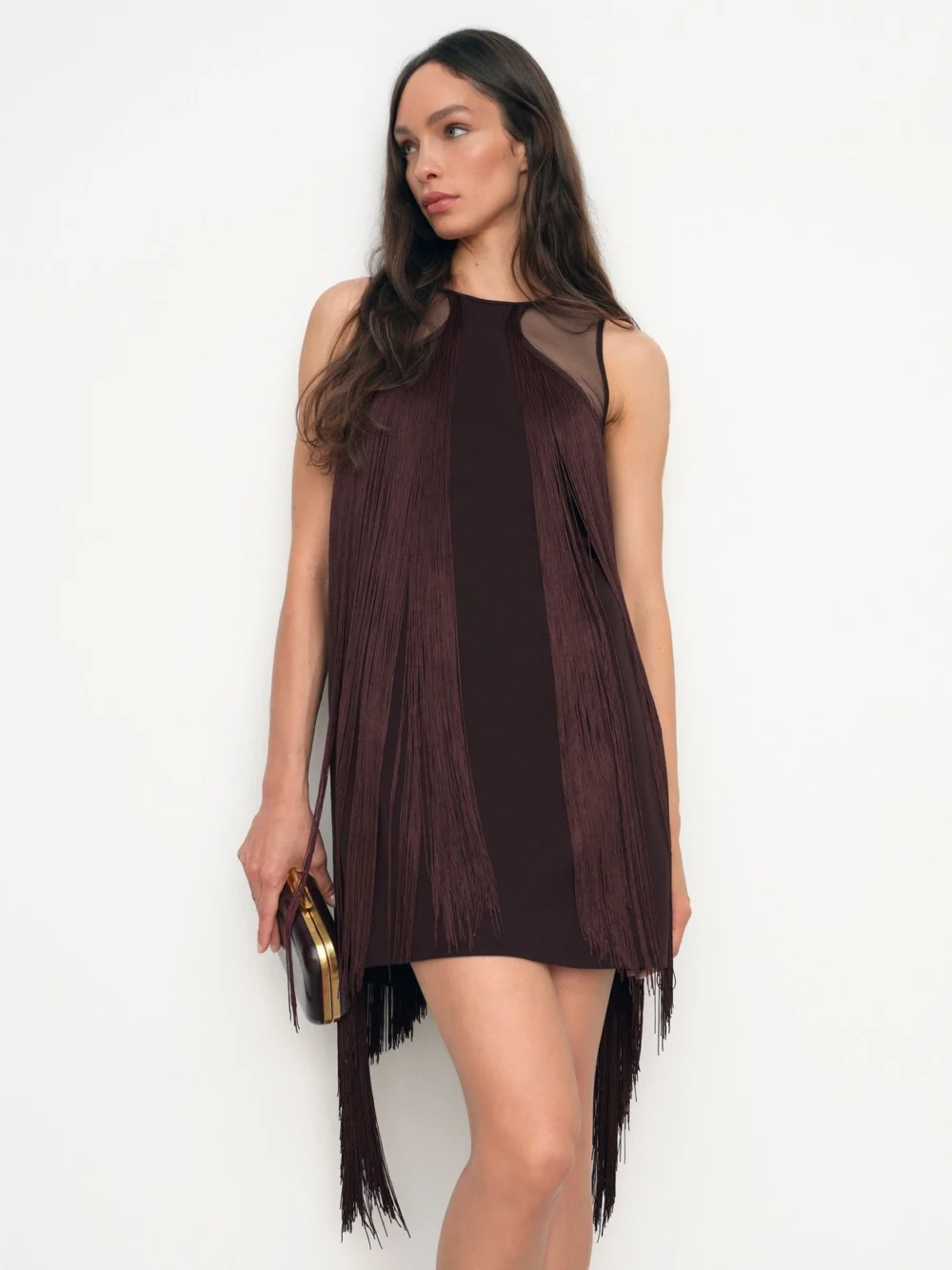 Reiss Burgundy Fringe Detail Sheer-Panel Mini Dress, view 3