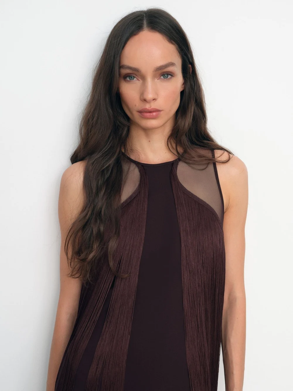 Reiss Burgundy Fringe Detail Sheer-Panel Mini Dress, view 4