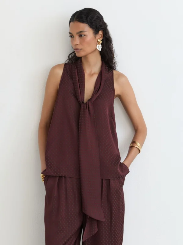 Reiss Burgundy Jacquard Tie-neck Sleeveless Top