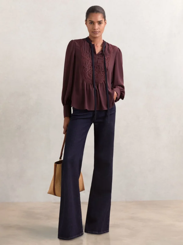 Reiss Burgundy Lace-embroidered Tie-neck Shirt