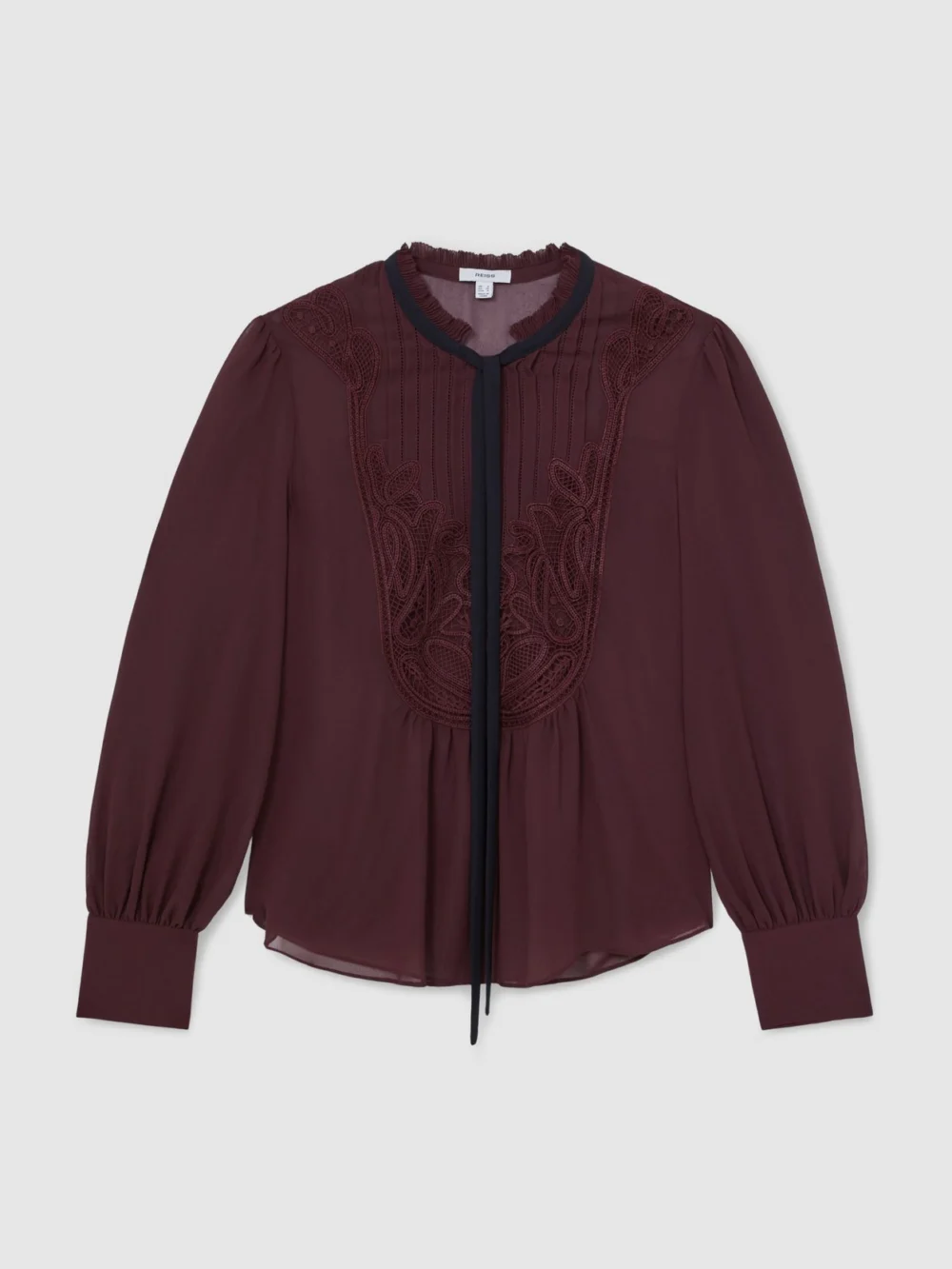 Reiss Burgundy Lace-embroidered Tie-neck Shirt, view 2