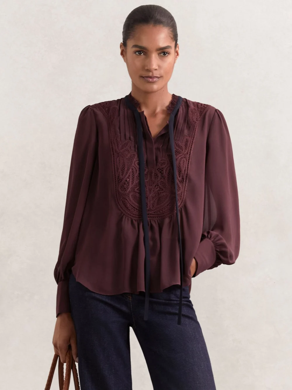 Reiss Burgundy Lace-embroidered Tie-neck Shirt, view 3