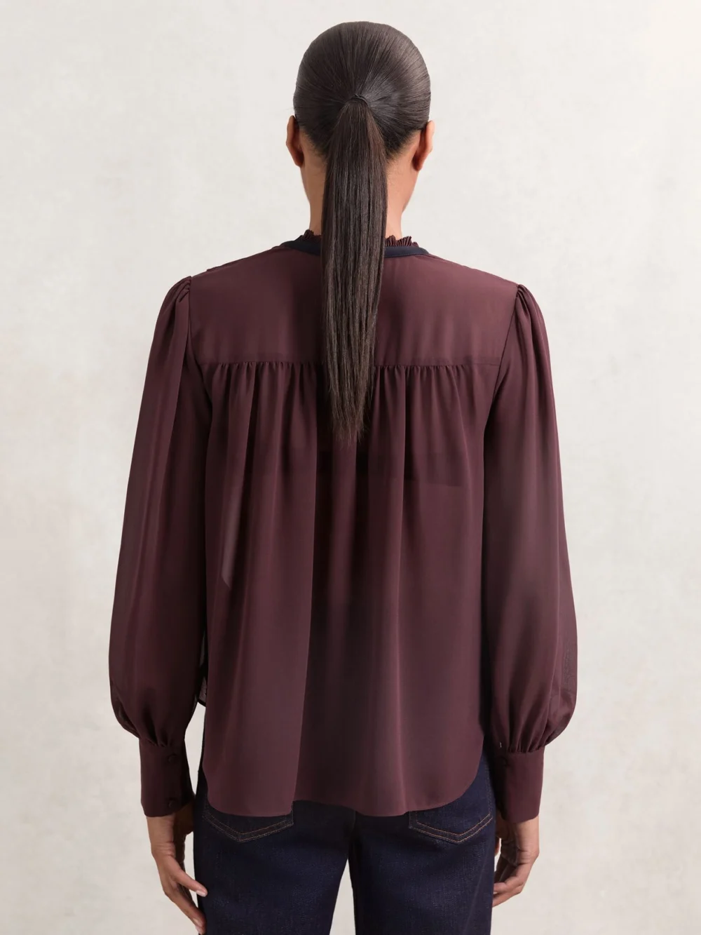Reiss Burgundy Lace-embroidered Tie-neck Shirt, view 4