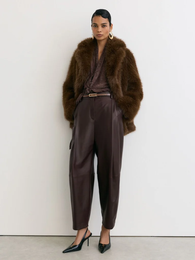 Reiss Burgundy Leather Barrel-leg Pleated Trousers