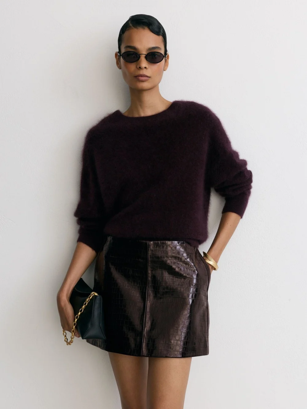 Reiss Burgundy Leather Crocodile-effect Mini Skirt