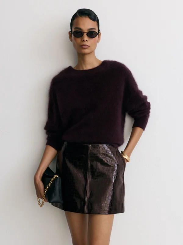 Reiss Burgundy Leather Crocodile-effect Mini Skirt