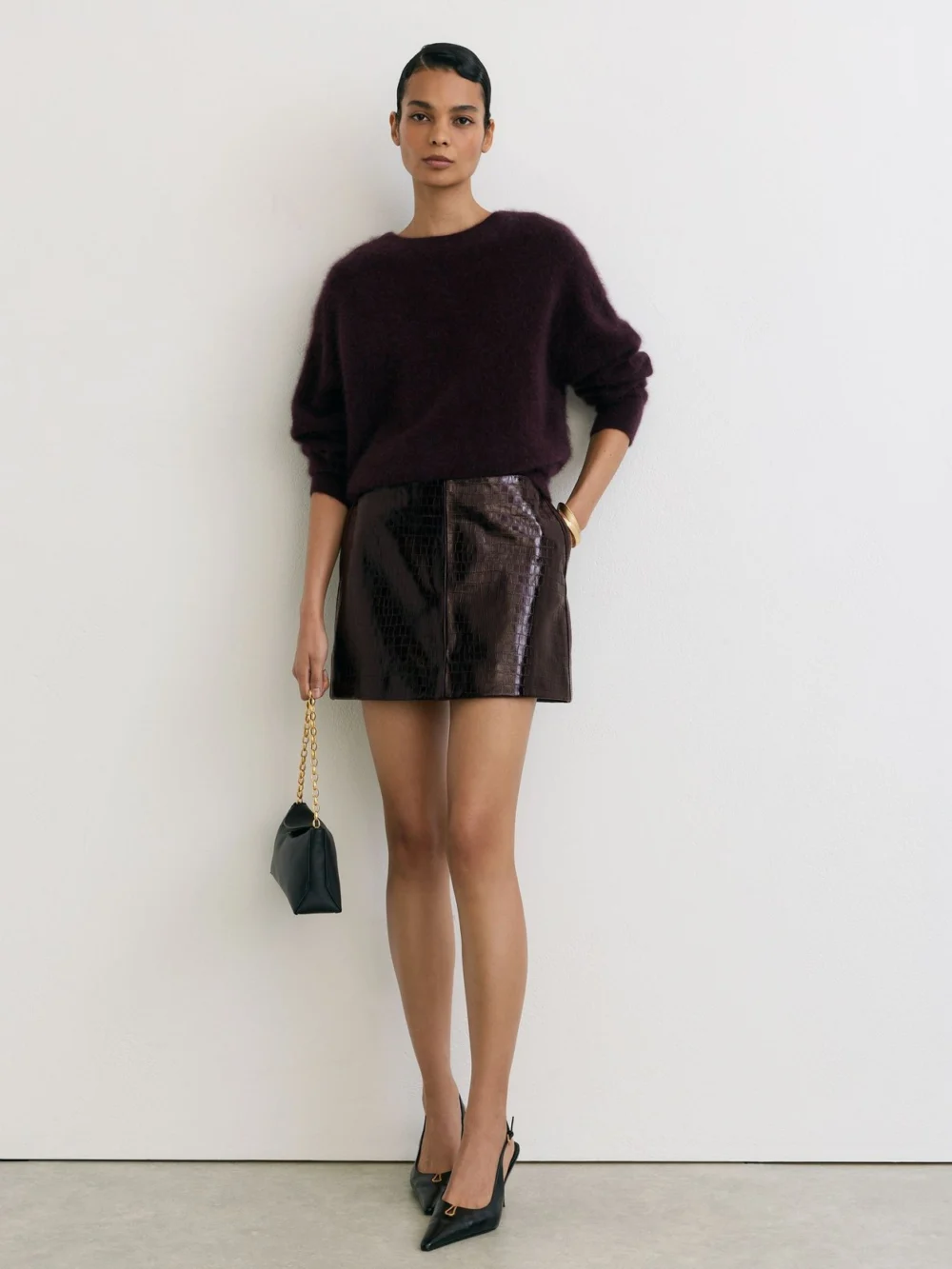 Reiss Burgundy Leather Crocodile-effect Mini Skirt, view 3