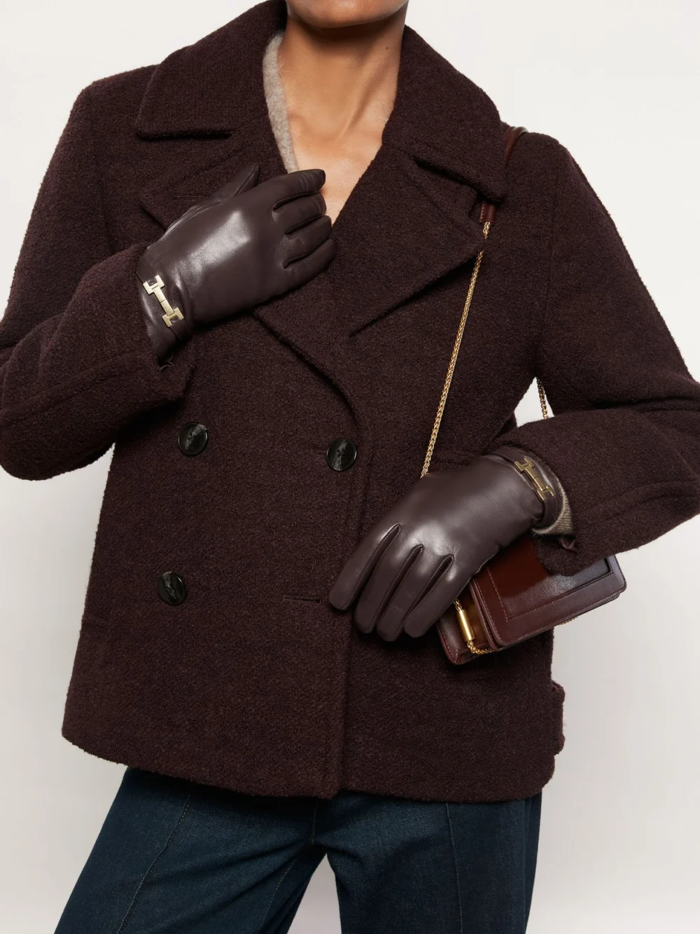 Reiss Burgundy Leather Hardware-embellished Gloves, view 4