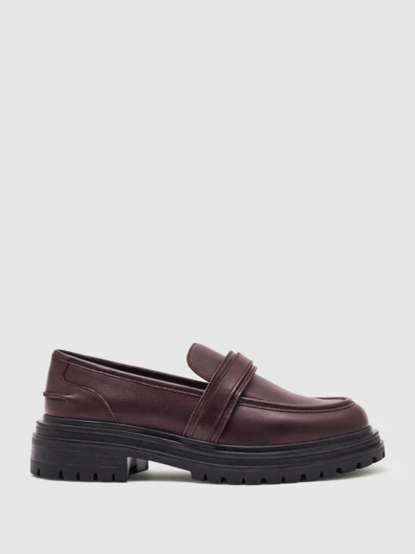 Reiss Burgundy Leather Strap-detail Lug-sole Loafers