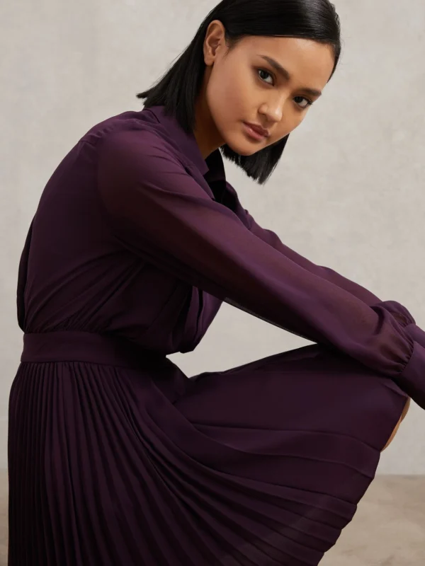 Reiss Burgundy Pleated Sheer Sleeve Mini Dress