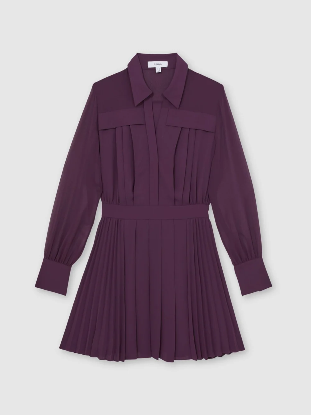 Reiss Burgundy Pleated Sheer Sleeve Mini Dress, view 2