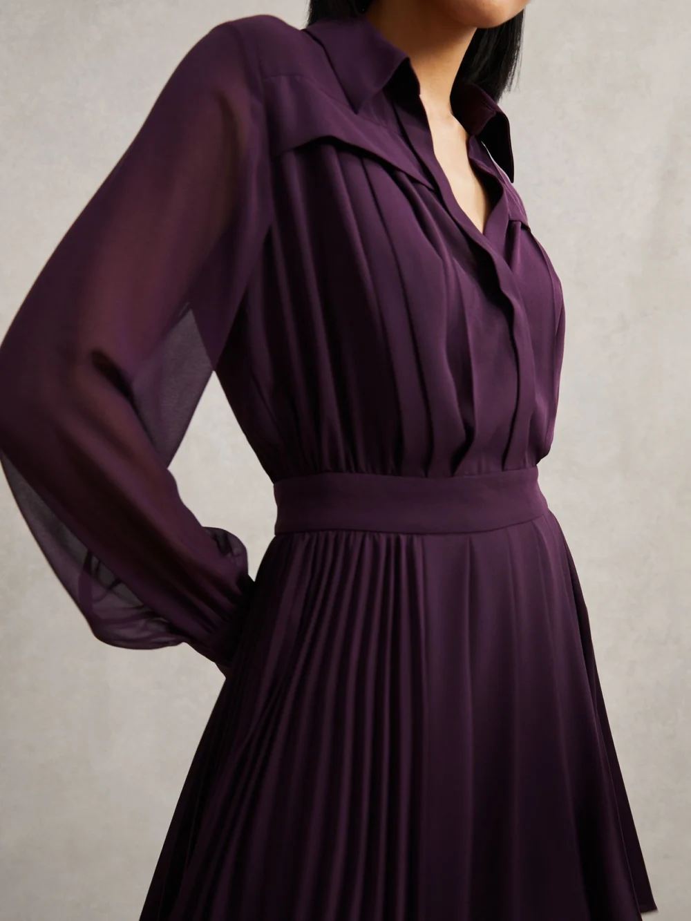 Reiss Burgundy Pleated Sheer Sleeve Mini Dress, view 3