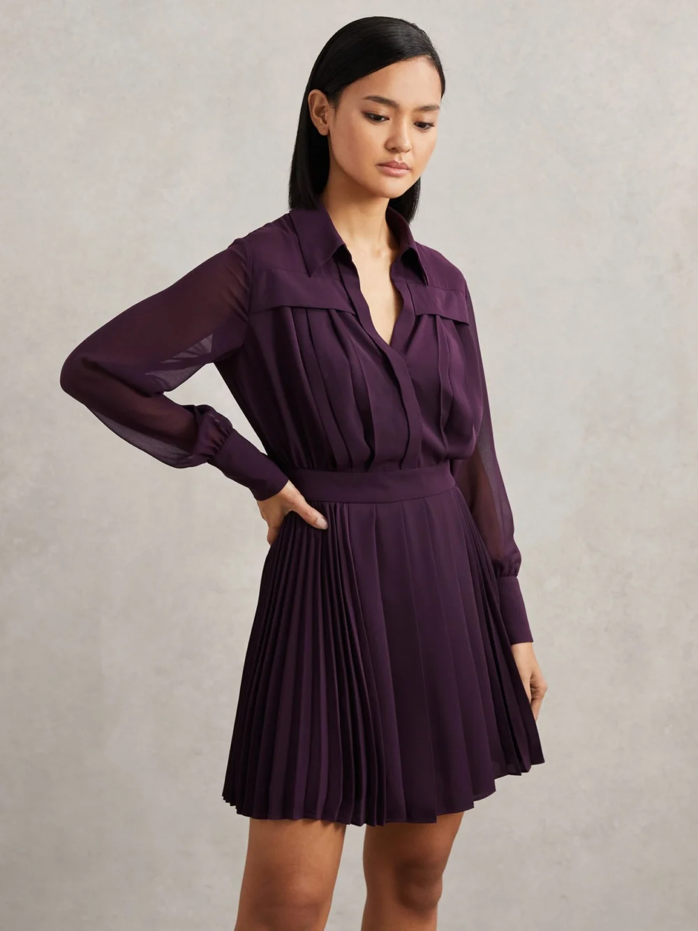 Reiss Burgundy Pleated Sheer Sleeve Mini Dress, view 4