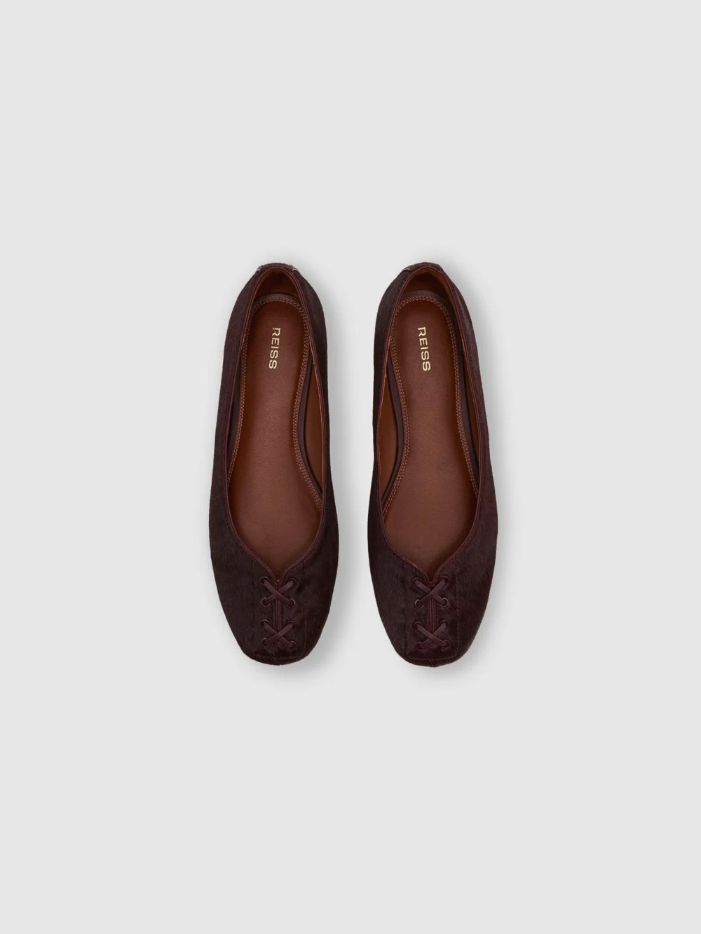 Reiss Burgundy Pony Hair-effect Leather Lace-up Ballet Flats, view 3