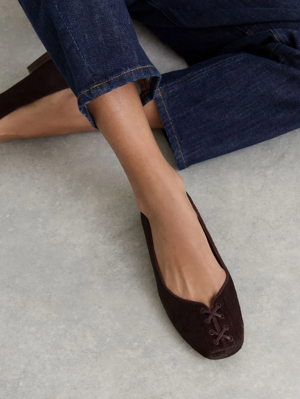 Reiss Burgundy Pony Hair-effect Leather Lace-up Ballet Flats, view 4