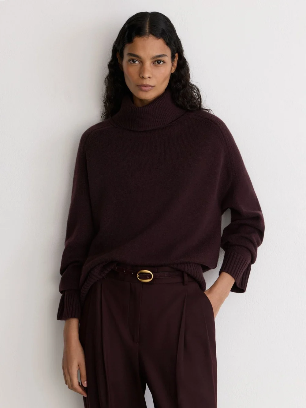 Reiss Burgundy Pony Hair-effect Oval-buckle Slim Belt