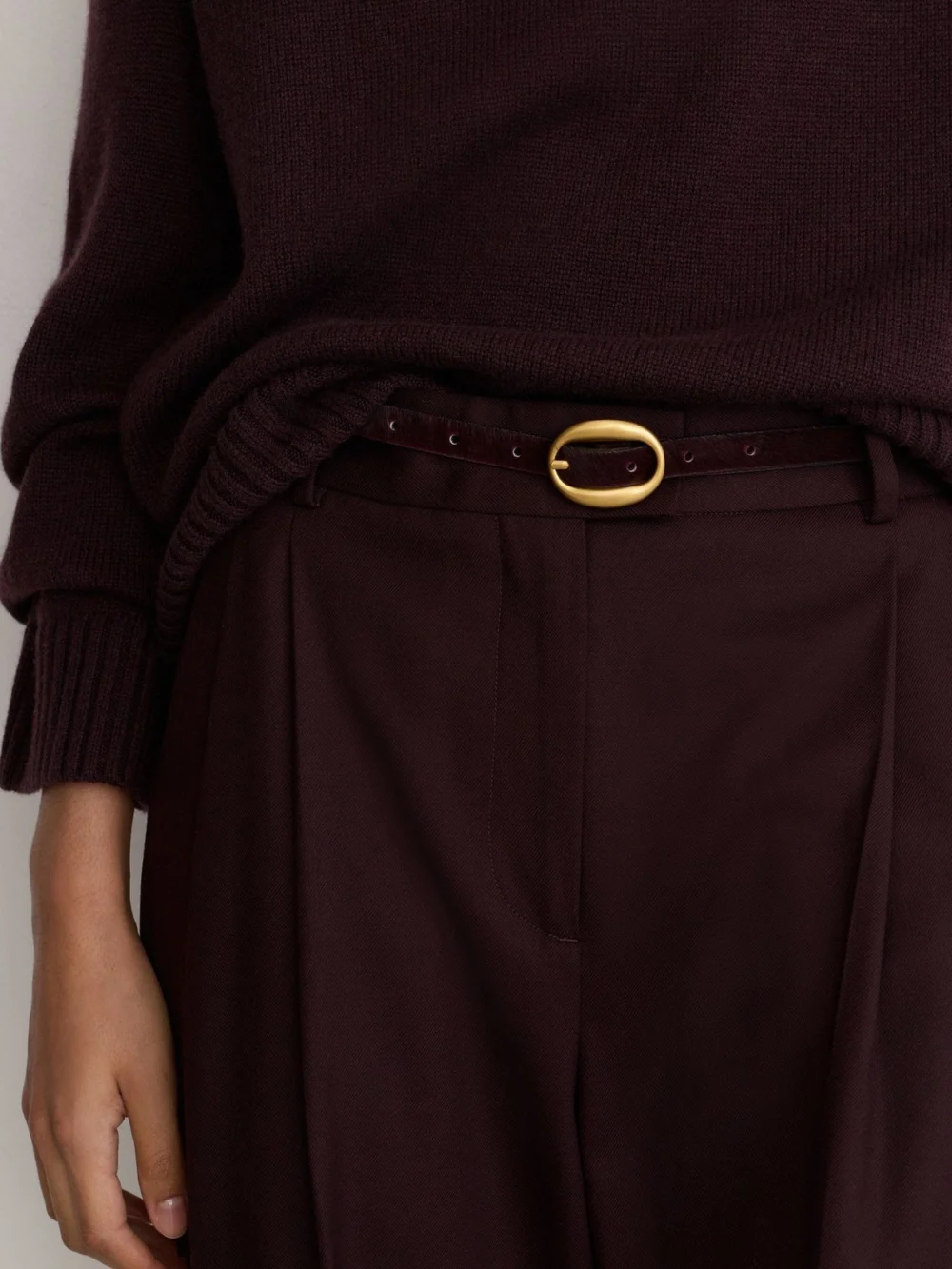 Reiss Burgundy Pony Hair-effect Oval-buckle Slim Belt, view 4
