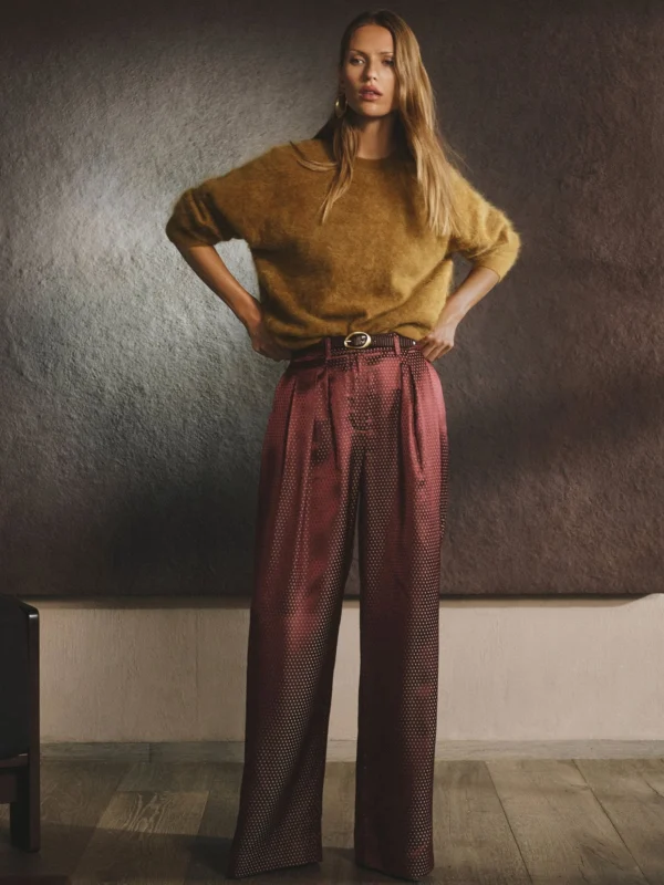 Reiss Burgundy Red Jacquard Wide-leg Pleated Trousers