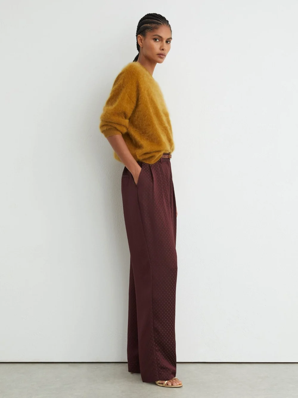 Reiss Burgundy Red Jacquard Wide-leg Pleated Trousers, view 3