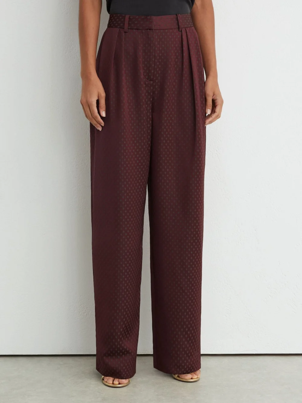 Reiss Burgundy Red Jacquard Wide-leg Pleated Trousers, view 4