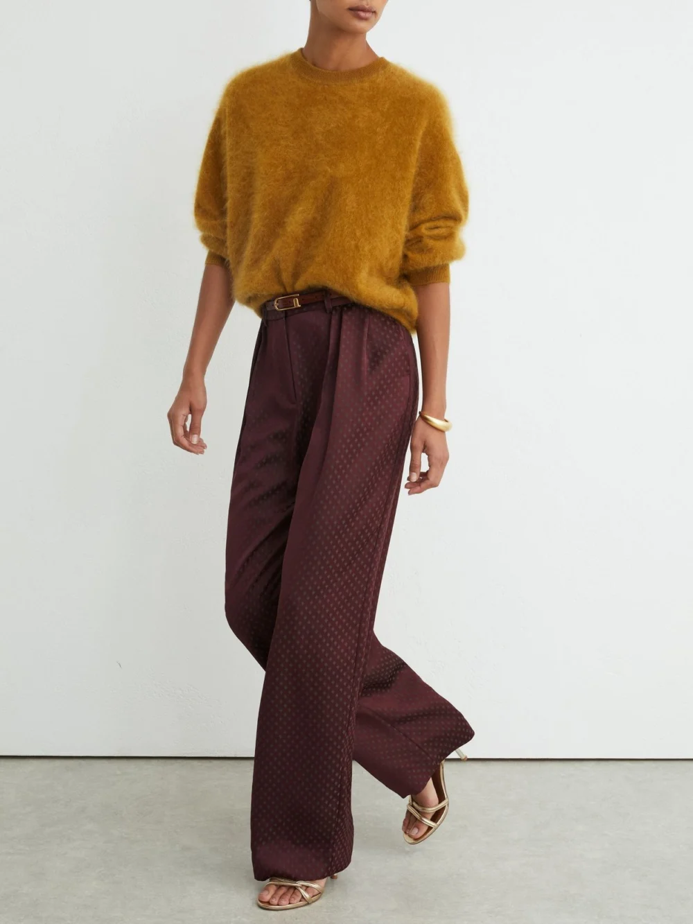 Reiss Burgundy Red Jacquard Wide-leg Pleated Trousers, view 5