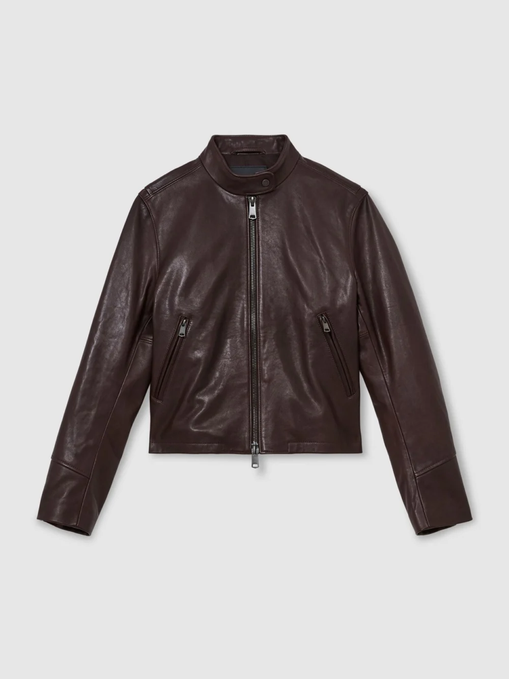 Reiss Burgundy Red Leather Biker Jacket, view 2