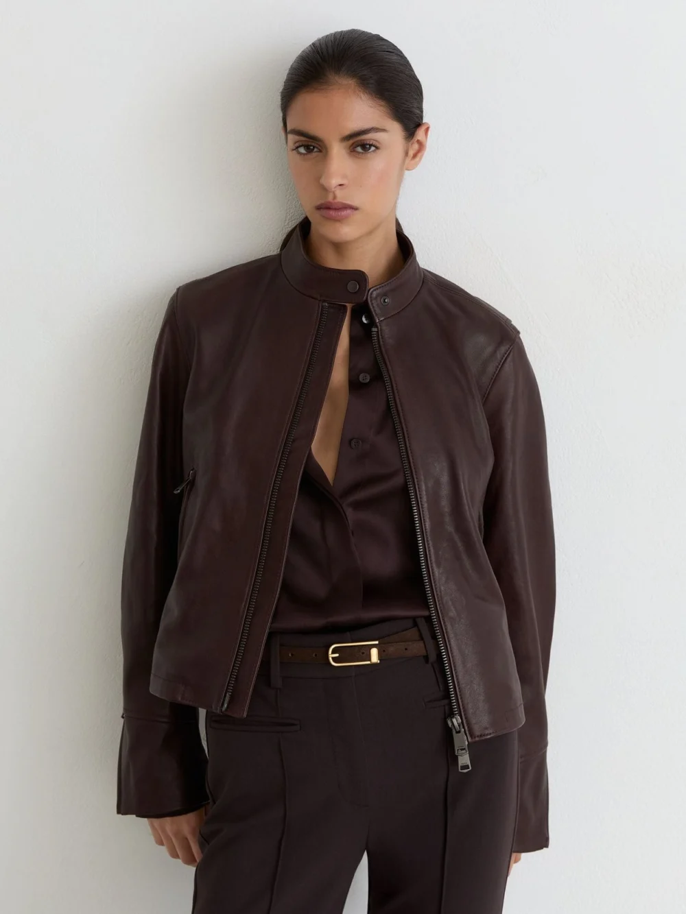 Reiss Burgundy Red Leather Biker Jacket, view 5