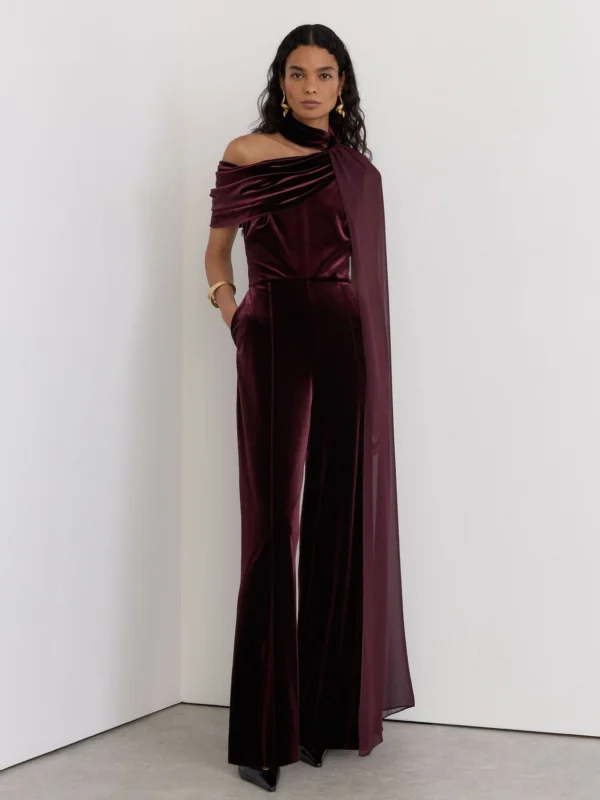 Reiss Burgundy Red Petite One-shoulder Drape Wide-leg Jumpsuit