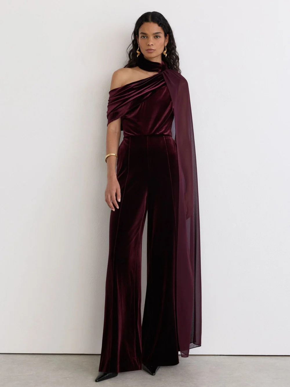 Reiss Burgundy Red Petite One-shoulder Drape Wide-leg Jumpsuit, view 5