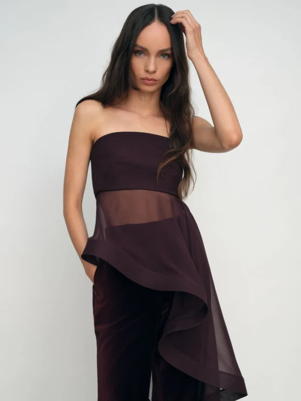 Reiss Burgundy Silk Asymmetric-ruffle Bandeau Top