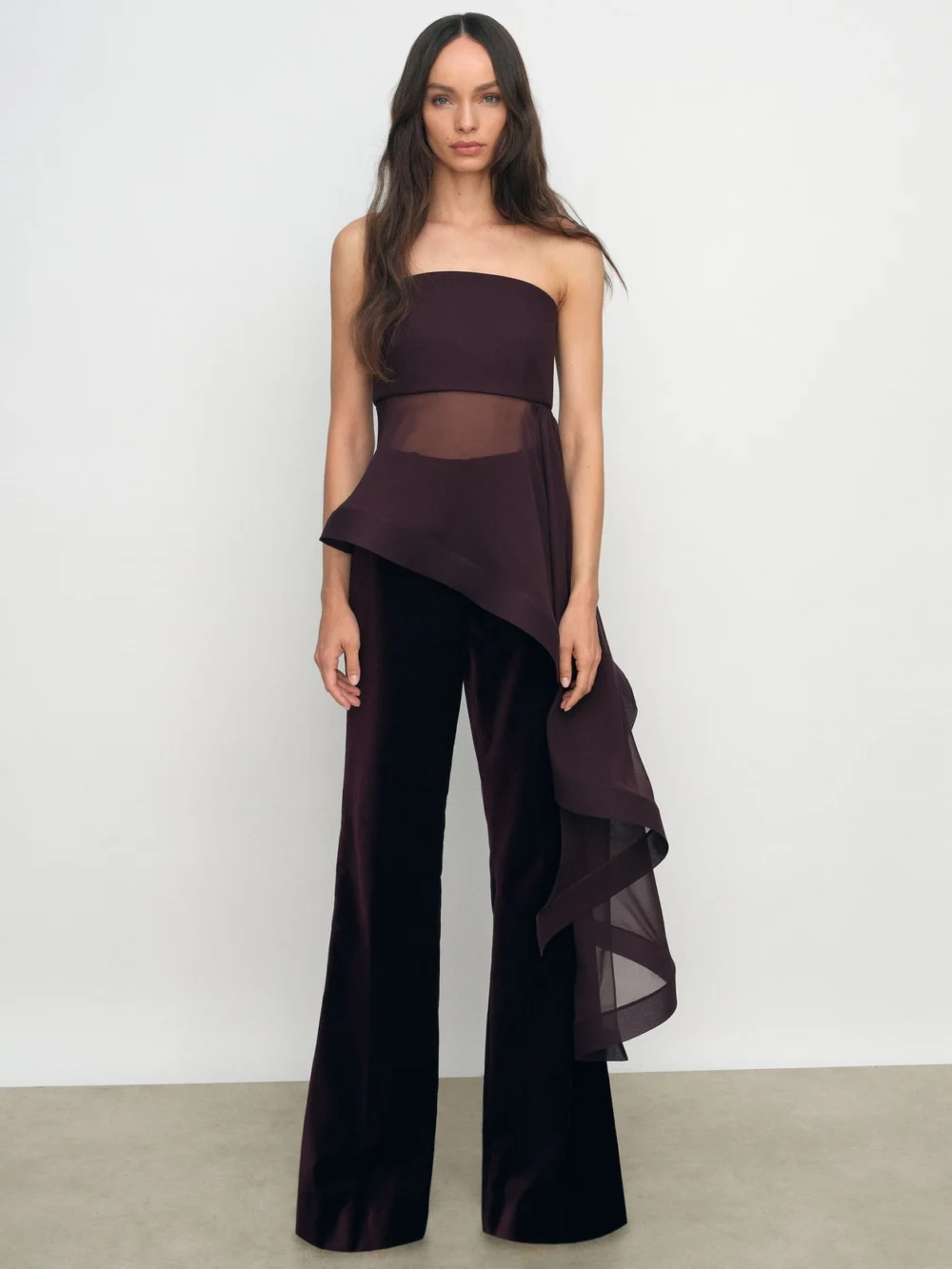Reiss Burgundy Silk Asymmetric-ruffle Bandeau Top, view 3