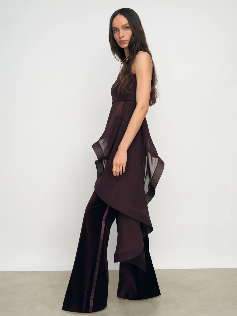 Reiss Burgundy Silk Asymmetric-ruffle Bandeau Top, view 4