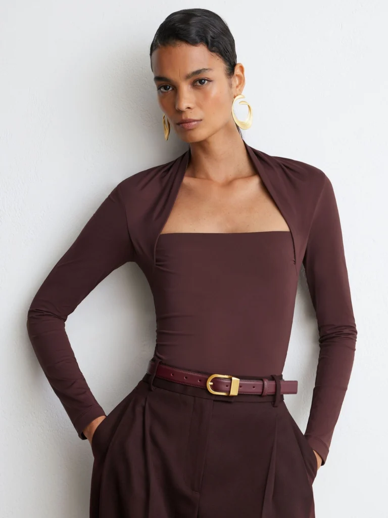 Reiss Burgundy Square-neck Ruched Long Sleeve Top