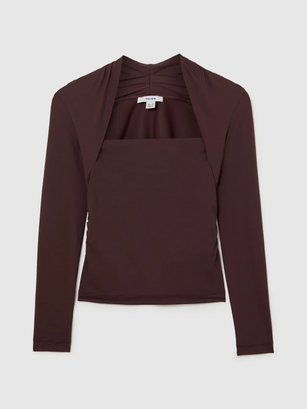 Reiss Burgundy Square-neck Ruched Long Sleeve Top, view 2