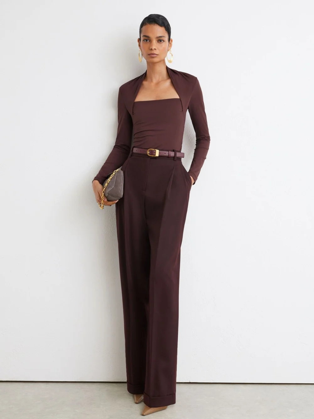 Reiss Burgundy Square-neck Ruched Long Sleeve Top, view 4