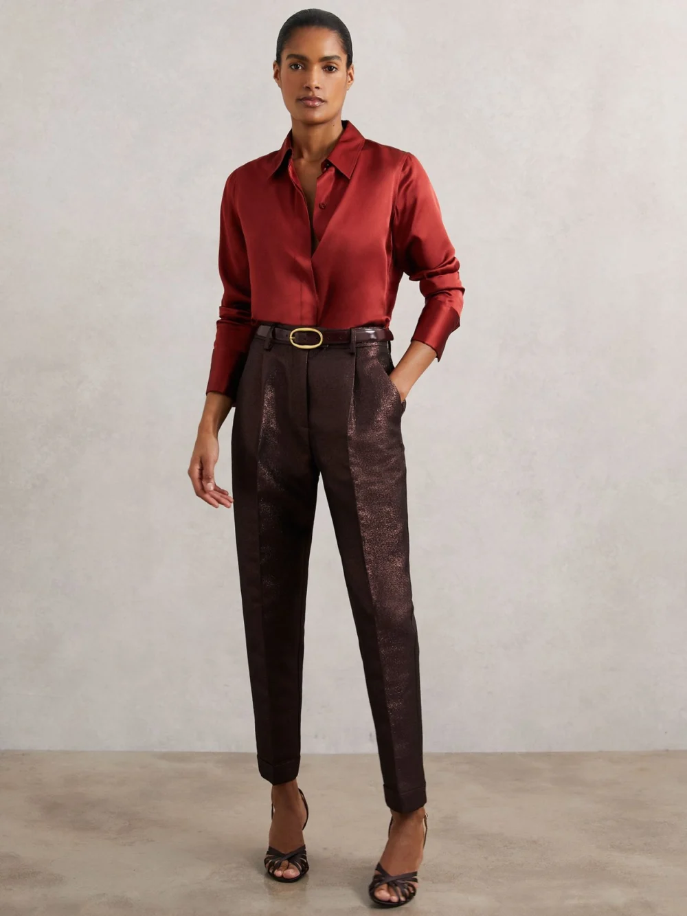 Reiss Burgundy Tapered Metallic Suit Trousers with Cotton