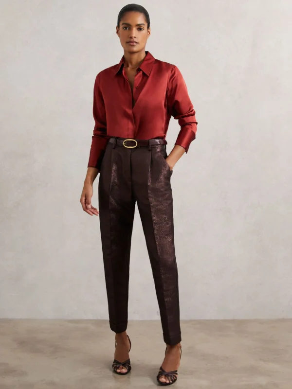 Reiss Burgundy Tapered Metallic Suit Trousers with Cotton