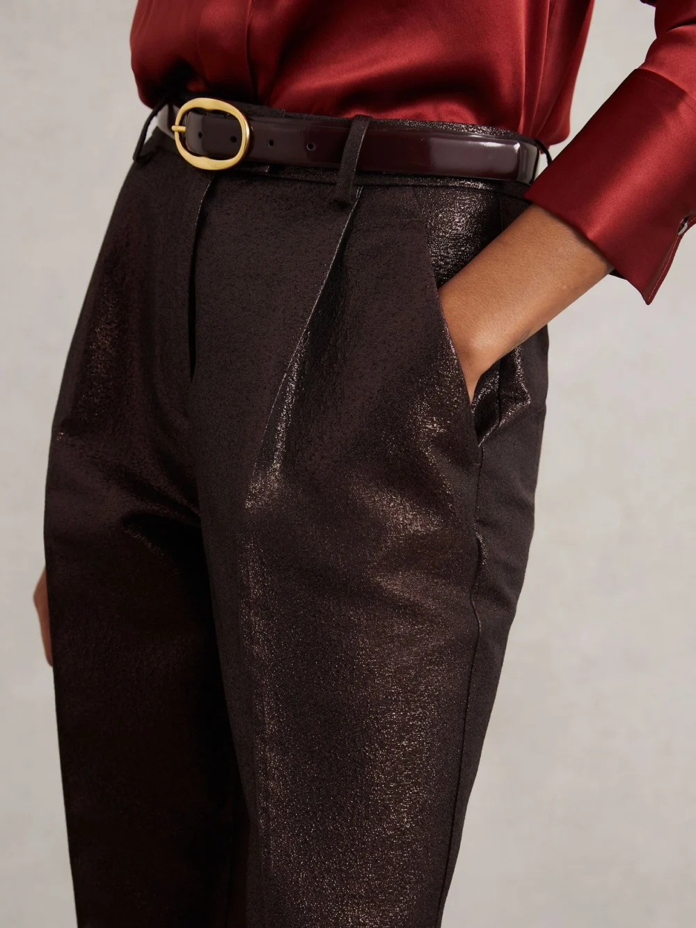 Reiss Burgundy Tapered Metallic Suit Trousers with Cotton, view 3