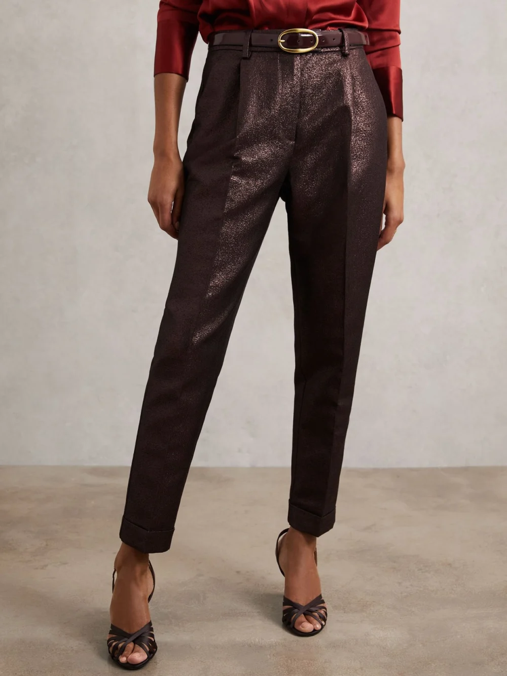 Reiss Burgundy Tapered Metallic Suit Trousers with Cotton, view 4