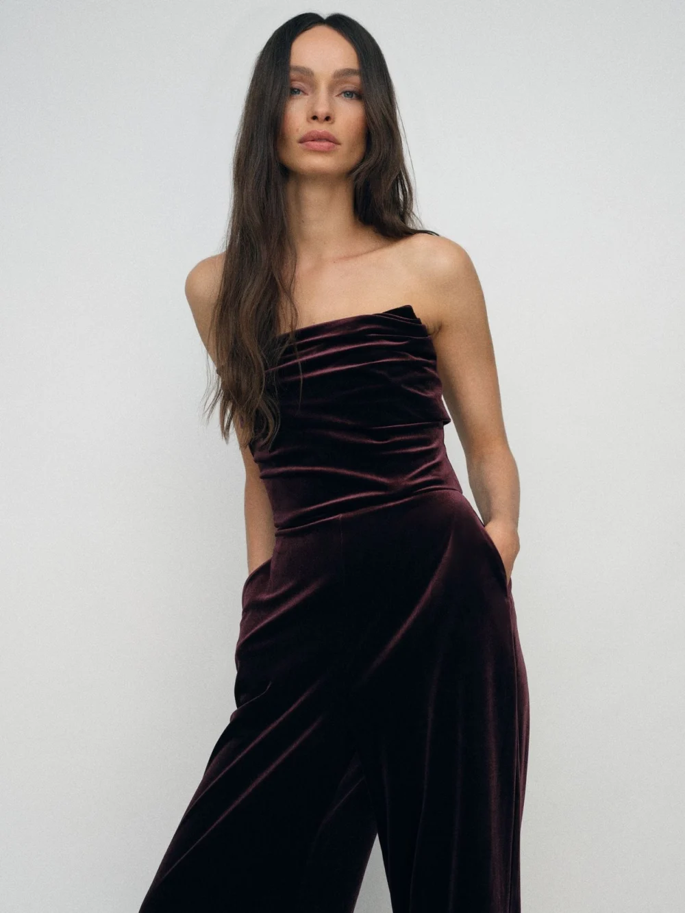 Reiss Burgundy Velvet Drape Strapless Jumpsuit