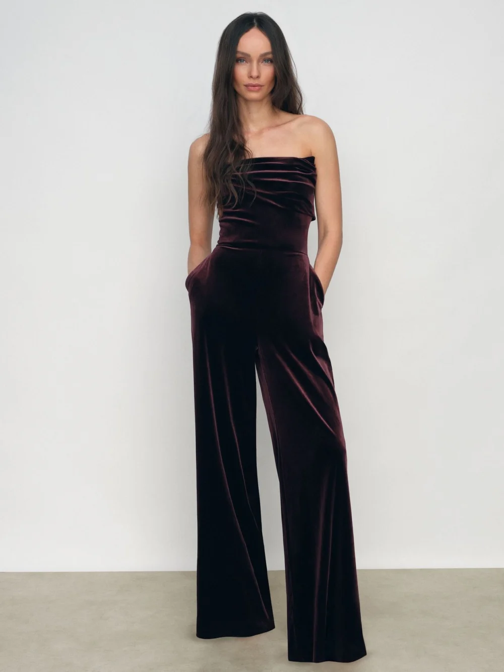 Reiss Burgundy Velvet Drape Strapless Jumpsuit, view 3