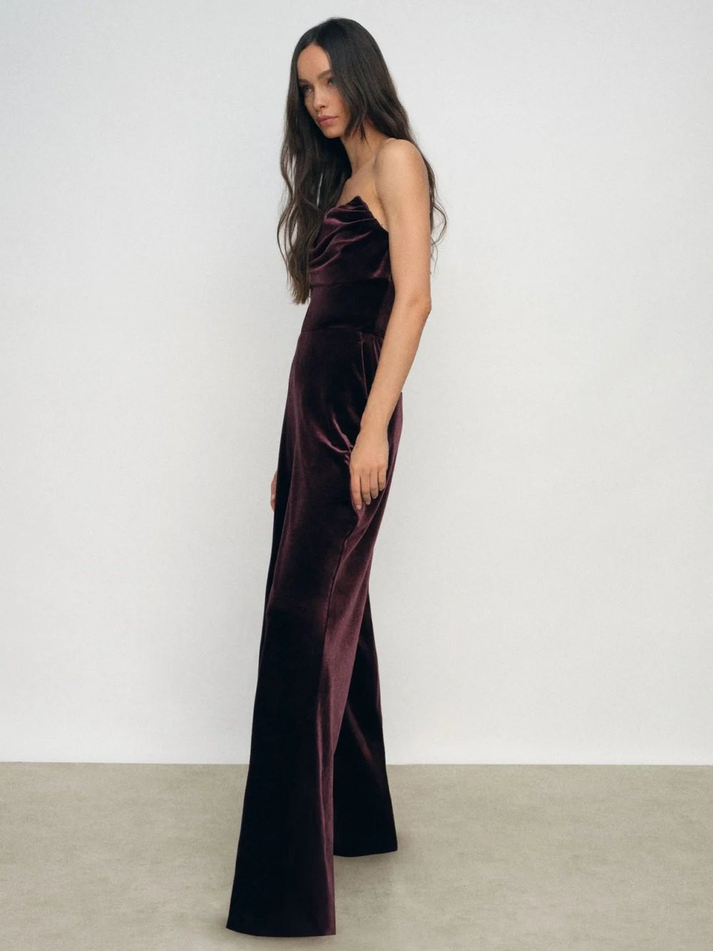 Reiss Burgundy Velvet Drape Strapless Jumpsuit, view 4