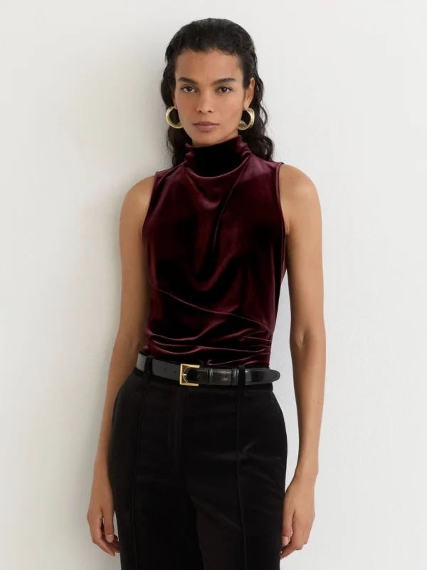 Reiss Burgundy Velvet High-neck Sleeveless Top