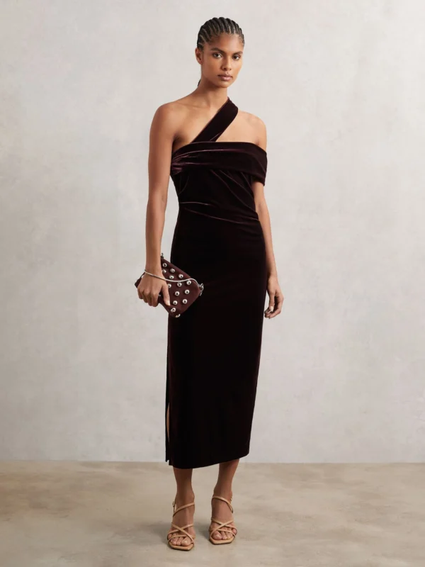 Reiss Burgundy Velvet One-Shoulder Midi Dress