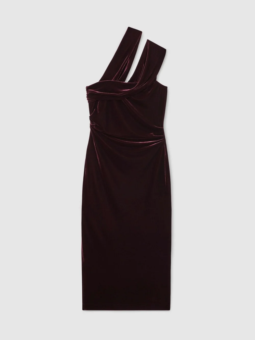 Reiss Burgundy Velvet One-Shoulder Midi Dress, view 2